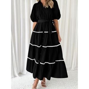 Wholesale Custom OEM High Quality Womens Midi <b>Dress</b> Bubble Sleeve Lace Layered Pleated Short Sleeve Natural Waist Shirt <b>Dress</b> - Product Image 1