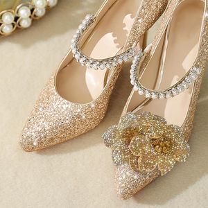 Clips para zapatos con diamantes de imitación, adorno de doble flor para zapatos, hebilla extraíble para zapatos, clips brillantes para zapatos de mujer, decoración dorada - Product Image 3