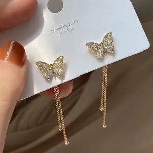 Pendientes de temperamento fresco de verano, pendientes largos de aguja de plata S925, estilo único para ropa Dual, con borlas de Hada, con tachuelas de mariposa