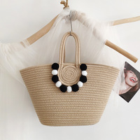 Sac Fourre-Tout Grande Capacité pour Femme, Nouveau Style Transfrontalier, Fait Main en Corde de Coton Tressée, Paille, Balle de Fourrure, Fermeture Bonbon, Idéal Voyage et Plage