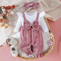 Vioyavo Ensemble Combinaison Décontractée en Laine Respirante pour Bébé Fille, Manches Longues, Imprimé Floral, Patchwork, Nœud, Bandeau, Automne