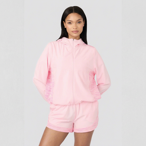 Ensemble de survêtement sportif décontracté pour femme, rose clair, léger, coupe-vent, avec veste à capuche zippée intégrale et short, color block - Product Image 1