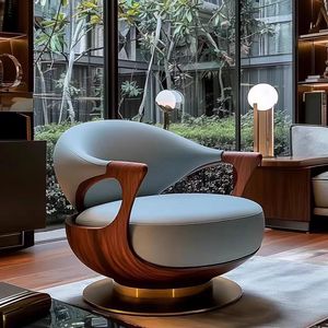 Kursi Santai Kayu Walnut Solid Estetika Modern Desain Kreatif Baru Sofa Kulit Asli untuk Ruang Tamu Rumah - Product Image 4