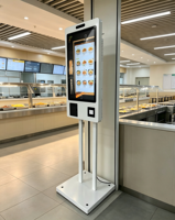 Kiosque numérique LCD de commande en libre-service de 27 pouces, sur pied, avec écran tactile, imprimante thermique de tickets, code QR, NFC pour la restauration rapide