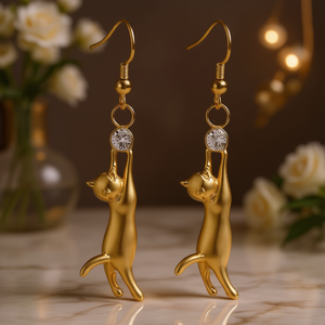 E3259 Orecchini pendenti a forma di gatto placcati in oro con pietra di cristallo per donna, stile animale carino, da indossare tutti i giorni, gioielli in lega di zinco - Product Image 2