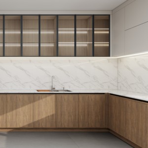 Meuble de cuisine modulaire en placage de noyer massif de style moderne avec portes à panneaux plats, évier et robinet, charnières pour personnalisation complète de la maison - Product Image 4