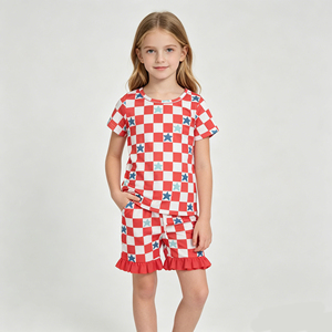 Toddler Girls <b>Red</b> White Checkered Star Print Two-Piece Set Short Sleeve Top With Ruffle Shorts Summer Outfit - Product Image 2
