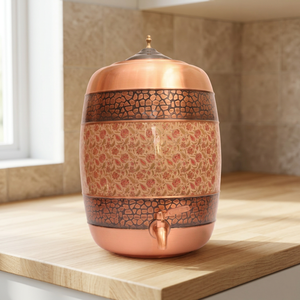 Handcrafted Pure <b>Copper</b> Water Dispenser Ayurvedic Storage Tank with Floral Print & Leak-Proof Tap for Home Office Usage - Product Image 1