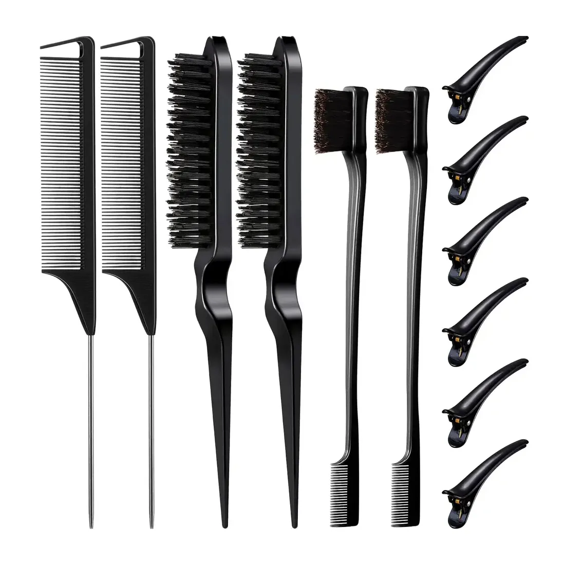12pcs professional Rat Tail comb hair clip Double 3 in 1 edge control brush hair styling teasing boar bristle brush comb