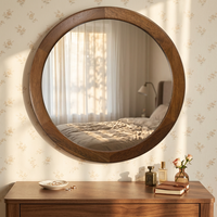 Miroir mural rond moderne en MDF poli à la main avec cadre imitation bois, couleur personnalisable, papier peint floral style cottage, pour chambre à coucher et coiffeuse
