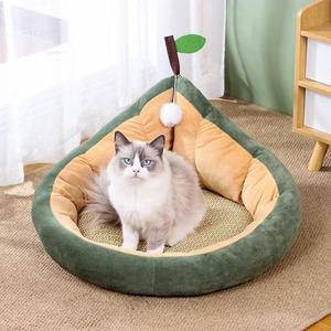 Avocado Pet Bed For Cats Soft Round Cat Bed With <b>Scratching</b> <b>Pad</b> Green And Orange Color Polyester Fiber Fill Hand Washable - Product Image 1