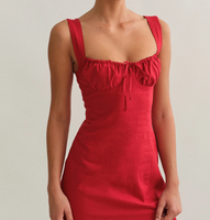 Robe mi-longue d'été pour femmes, style bohème, bretelles spaghetti, fente sur la cuisse, nouée devant, imprimé floral uni, sans manches, vintage, style A, robes de plage
