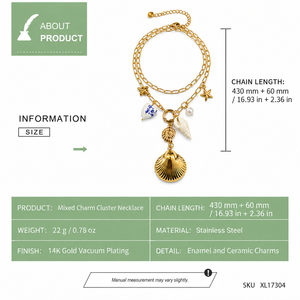 Mixed Charm Cluster Necklace Stainless Steel 14K <b>Gold</b> Vacuum Plated Enamel Ceramic 430 mm Plus 60 mm 22 g - Product Image 2