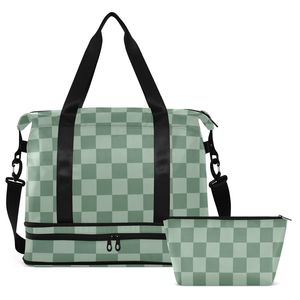 Unisex 2-in-1 Travel <b>Bag</b> Set Green Checkerboard Design Portable Zipper Luggage <b>Weekender</b> Gym <b>Bag</b> <b>with</b> <b>Shoe</b> <b>Compartment</b> - Product Image 1