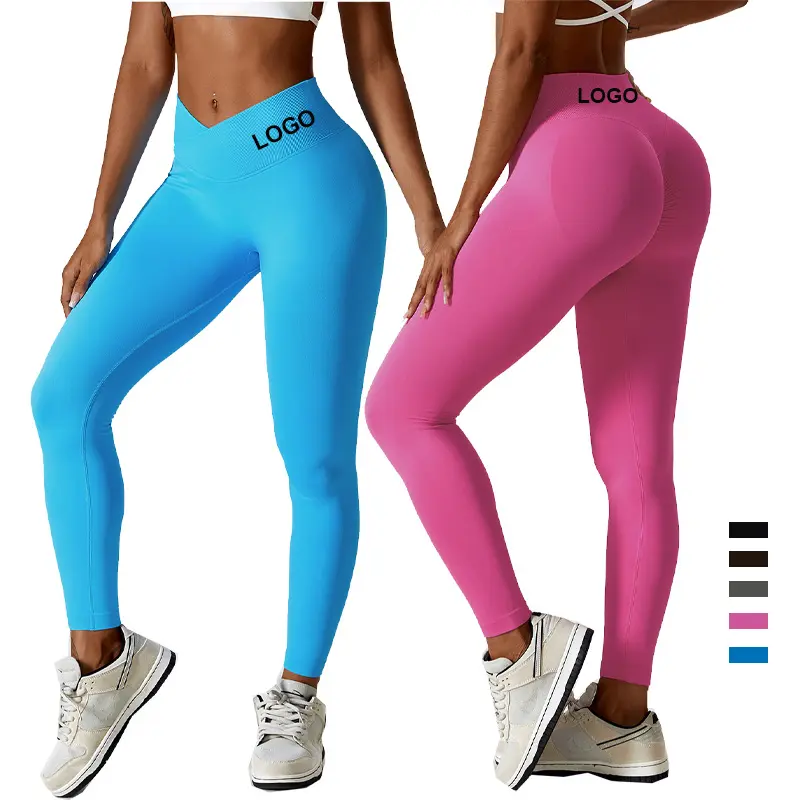 2023 Custom Logo Women's Seamless Cross Waist Pants Running Training Exercise Scrunch Butt Gym Yoga Leggings