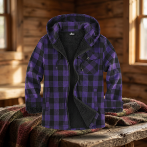 Premium Men's Thick Plaid Fleece <b>Jacket</b> with Sherpa Lining Full Zip Hooded Winter Streetwear Purple & Black - Product Image 4