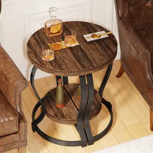 Nuovo tavolino da divano ad angolo a 2 livelli semicircolare tavolino economico con ripiani in legno per soggiorno camera da letto