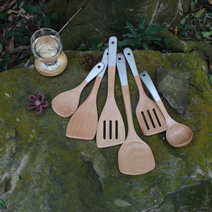 Beechwood Spatula Set 6 Piece Wooden Kitchen Utensil With White <b>Handle</b> For Cooking And Grilling - Product Image 3