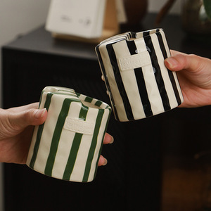 Vintage Coffee to Go Cup Hand Painted Stripe <b>Ceramic</b> <b>Mugs</b> Pottery Coffee Takeaway Cups - Product Image 4