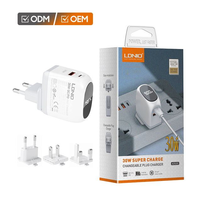 LDNIO A2522C PD 30W LED Display Charge Dual Port Usb Wall Charger Type c Fast Charging Qc 3.0 Usb c Pd Charger Adapter EU/US/UK