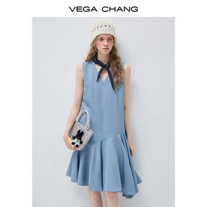 Robe d'été mi-longue décontractée VEGA CHANG <span class=keywords><strong>bleu</strong></span> clair sans manches à col en V et ourlet asymétrique à volants, respirante - Product Image 2