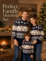 Ensemble de pulls de Noël assortis pour la famille, bleu marine, jacquard renne, tricot festif, personnalisation de marque OEM ODM