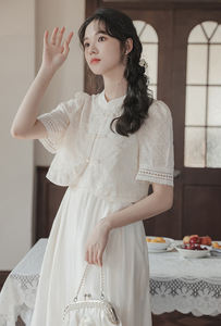 Abito Qipao in Stile Cinese Migliorato, Completo Bianco a Due Pezzi con Elementi <span class=keywords><strong>Han</strong></span>, Lungo Abito Hanfu Cinese, Cheongsam da Fabbrica per Donne - Product Image 6