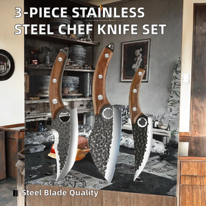 3-Piece Handmade Stainless Steel <b>Kitchen</b> Meat Cleaver Chef's <b>Knife</b> Set Boning Butcher <b>Knives</b> with Wood Handle - Product Image 2