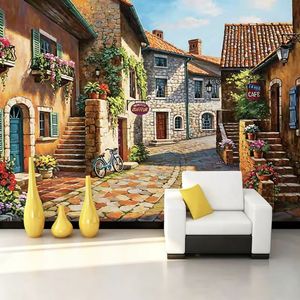 Murale da Parete Stile Art Déco Europeo con Villaggio in Pietra, Bicicletta, Caffè e Strada, Carta da Parati Vintage per Ristoranti e Bistrot - Product Image 2
