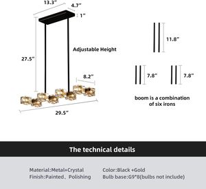 SIMIG Modern Crystal Chandelier Black Gold Pendant <strong>Fixture</strong> Adjustable Height Hanging Ceiling <strong>Light</strong> for Dining Room Kitchen - Product Image 6