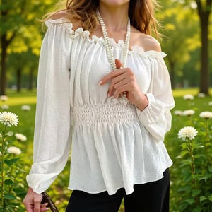 Off Shoulder Long Sleeve Blouse Women Ruffled Puff Sleeve Fitted Waist Elastic Top Everyday Wear White Shirt - Product Image 1