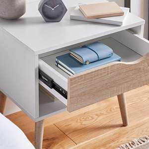 طاولة بجانب السرير منزلية-طاولة سكندي بيضاء وخشبيبة-منصة نوم حديثة مع درج ورف للتخزين - Product Image 6