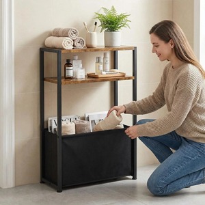 Bathroom Storage Rack Double Layer <b>Walnut</b> Color Metal Frame Freestanding <b>Shelf</b> With Drawer For Towels And Toiletries - Product Image 1