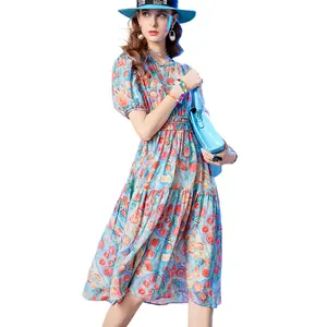 Custom Printed Fashion Chiffon Cute Women Casual Dress Midi O Neck Lovely Summer Elegant A Line Women's Dress