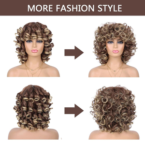 Perruque Afro Bouclée Ondulée Lâche Synthétique Ombrée Brun Foncé Grande Volumineuse Moelleuse Courte Kinky Bouclée Avec <span class=keywords><strong>Frange</strong></span> pour <span class=keywords><strong>Femme</strong></span> - Product Image 3