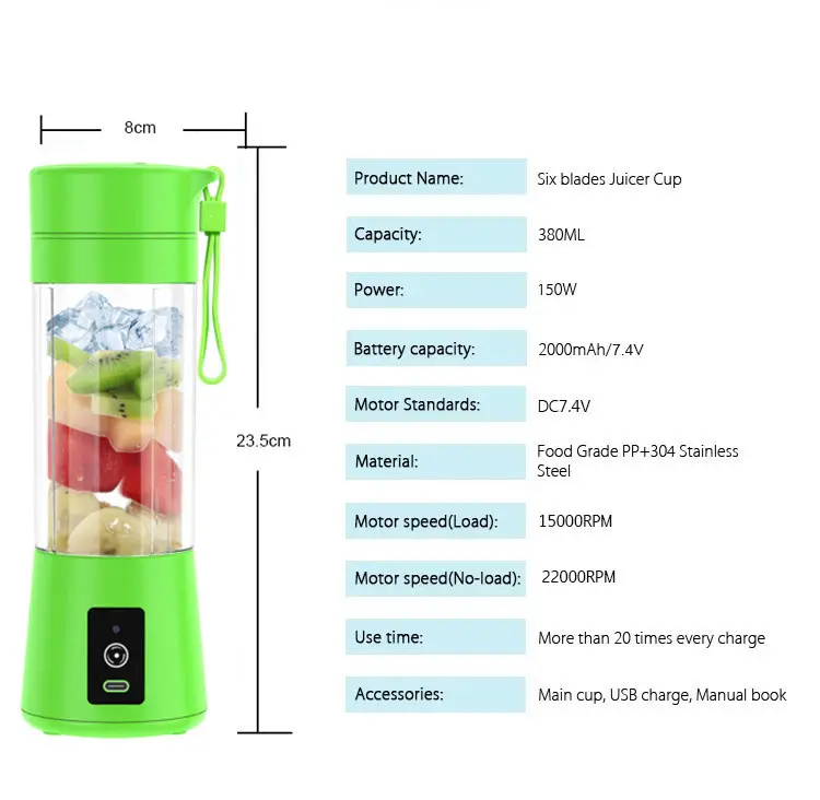 Aangepaste Kleur Automatische 6 Blade Draagbare Smoothie Sap Maker Draagbare Usb Blender