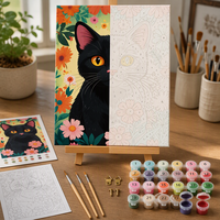 Kit de peinture par numéros encadré personnalisé, chat noir mignon et fleurs, toile tendue, peinture acrylique DIY par numéros pour adultes débutants
