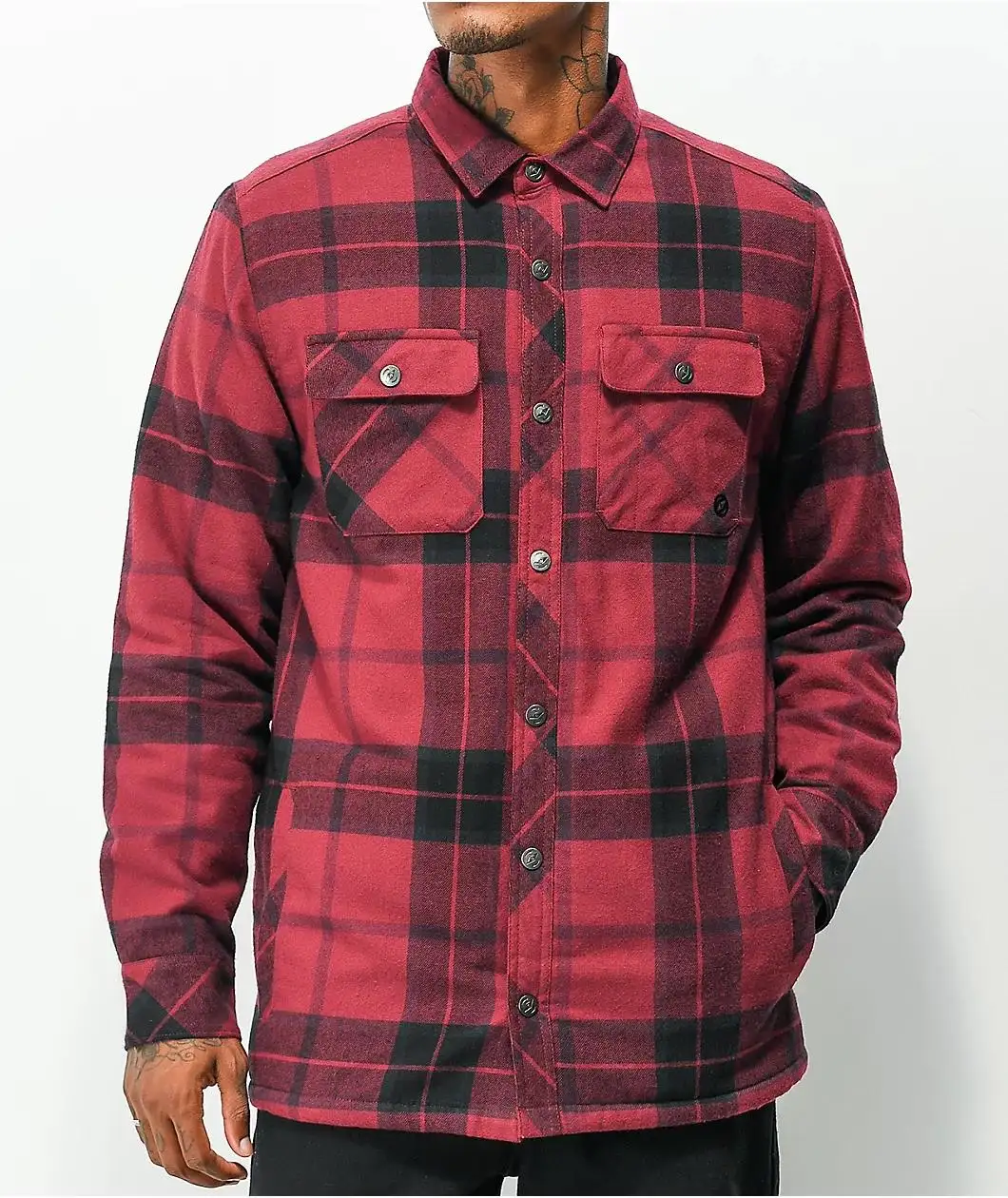 Men's Winter Warm Red   Black Plaid Sherpa Fleece Lined Flannel Shirt Jacket