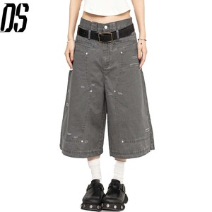 Pantalones Cortos de Mezclilla <span class=keywords><strong>Gris</strong></span> Y2K 2026 de Doble Rodilla Personalizados, Estilo Bermuda Holgados con Efecto Desgastado para Hombre, Jeans Cortos Casuales para Hombre - Product Image 1