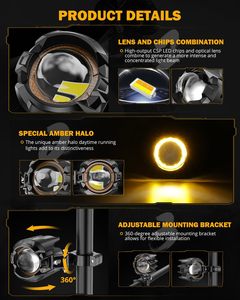Lampu Tambahan Depan Motor LED Fog/Driving/Spotlight Halo DRL Putih/Amber 8 Mode Pencahayaan Dua Warna