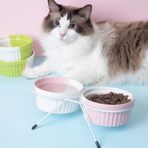 Bol double en céramique pour chats et chiens, avec support, plat de nourriture surélevé, mangeoire pour animaux de compagnie, forme arrondie, support pour le cou - Product Image 4