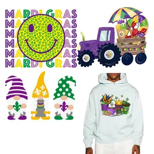 Custom Mardi Gras Designs DTF Transfers with Plastisol Inks Heat Transfer Technique on PET Material for Garment Decoration
