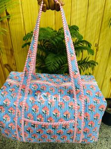 Bolsa de Viaje Grande de Algodón para Mujer, Bolsa de Lona Acolchada Hecha a Mano, Bolsas de Viaje con Estampado de Bloques, Bolsas de Mano - Product Image 2