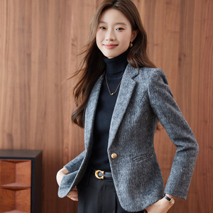Women's Wool Blazer Gray Suit Solid Color No-Wrinkle Treatment Petite Short Style Versatile Top - Product Image 4