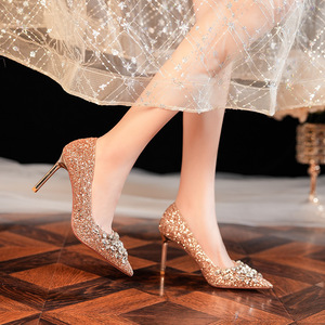 Escarpins à bout pointu et talon aiguille, à paillettes et strass, chaussures de mariée pour soirée, taille 35-40 - Product Image 3