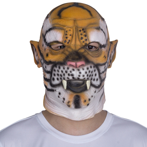 Latex <strong>Tiger</strong> Full Head <strong>Mask</strong> Orange Realistic Striped Texture Spotted Cheeks Sharp Fangs Soft Comfortable Halloween Cosplay Party - Product Image 1