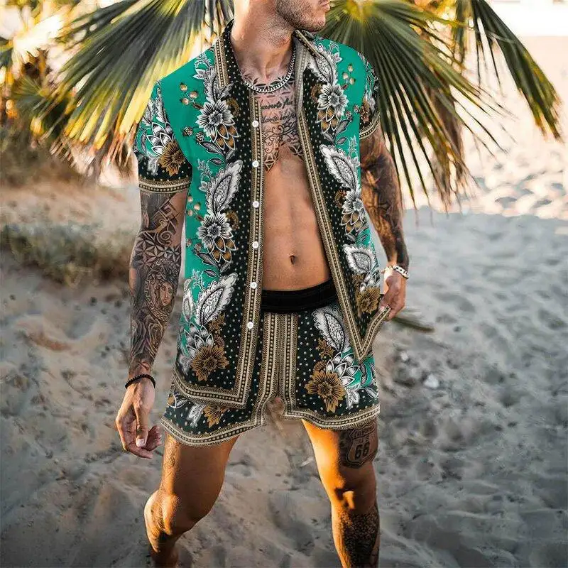 Summer vacation men's clothes sets man print shirt casual loose short sleeve shorts two piece men set Hawaiian beach shirts