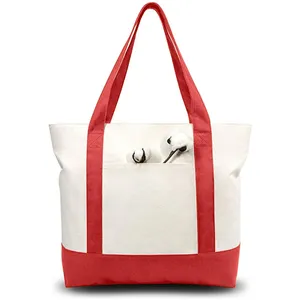 Grande Logo esterno stampato personalizzato in bianco pieghevole riutilizzabile riciclabile con tasca e cerniera Shopping di cotone Tote bag in tela