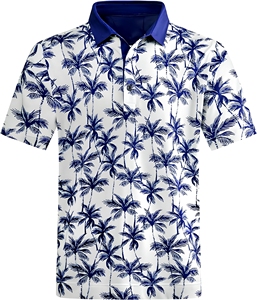 Polo à manches courtes pour homme, imprimé palmiers blancs et bleus, décontracté, respirant, 100% polyester tissé, imprimé numérique, coupe classique - Product Image 1
