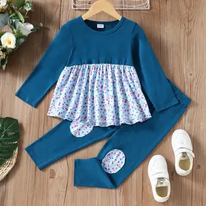 Set di abbigliamento per ragazze adolescenti top a manica lunga Patchwork con stampa floreale + pantaloni lunghi 2 pezzi primavera autunno cotone abbigliamento Casual per bambini 1-6Y